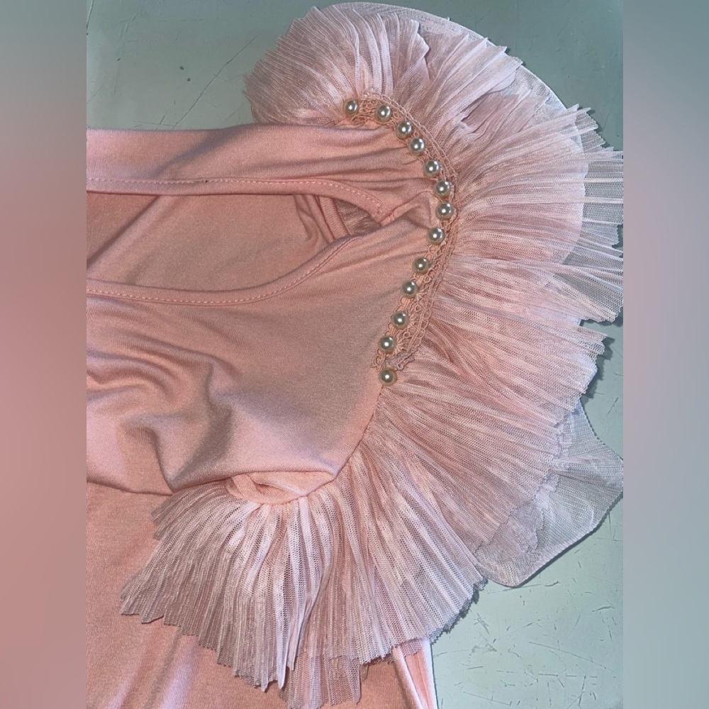 LAST SALE PRICE TOP FROTHY PLEATED LAYERS TULLE SLEEVE ROSE SIZE SMALL STRETCH - Picture 6 of 13